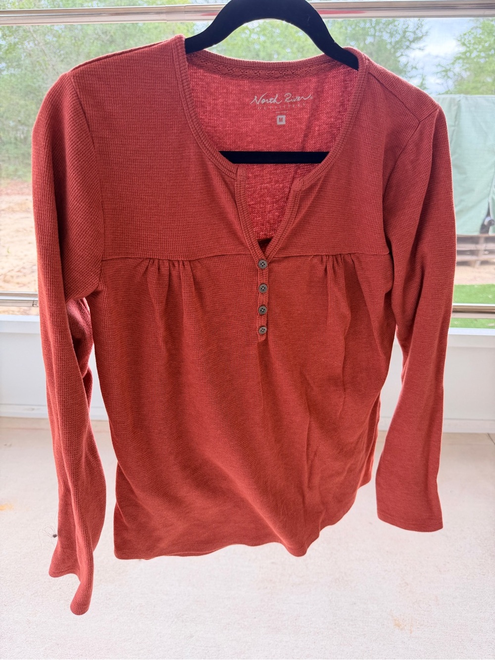 North River Waffle Knit Henley Top Rust Orange Medium